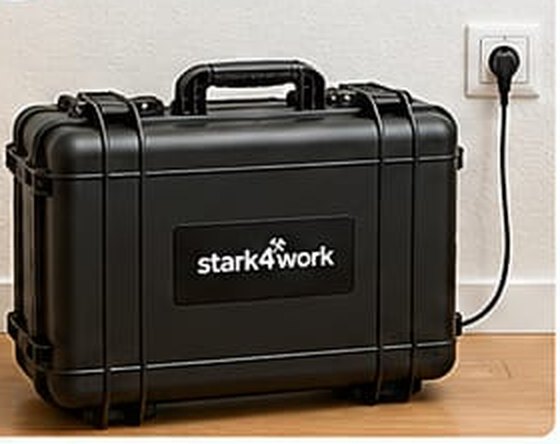 Geschlossene stark4work Monitoring-Box an der Steckdose im Einsatz