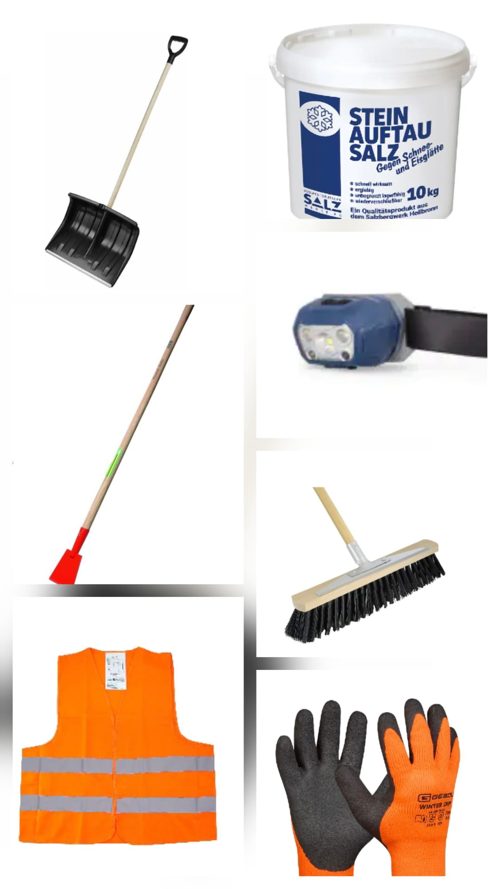 Winterdienst-Starterset: Schneeschieber, Auftausalz 10 kg, Stirnlampe, Stoßscharre, Besen, Warnweste, Handschuhe